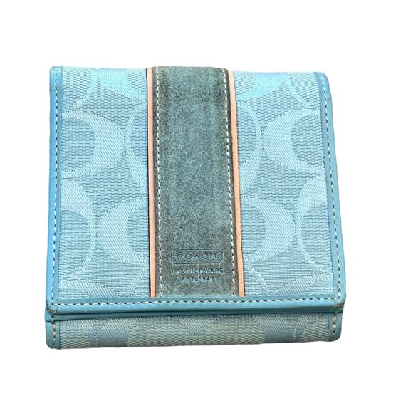 Coach Signature Blue Canvas & Suede Snap Wallet With Multiple Compartments - Picture 1 of 9